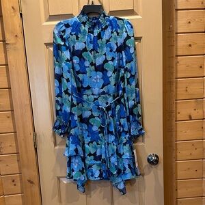 Maison Tara Long Sleeve Floral Dress in Blue and Green